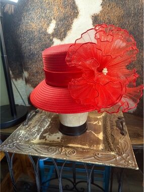 August Hat Company Red Wide Brim Hat with Decorative Flower Accent